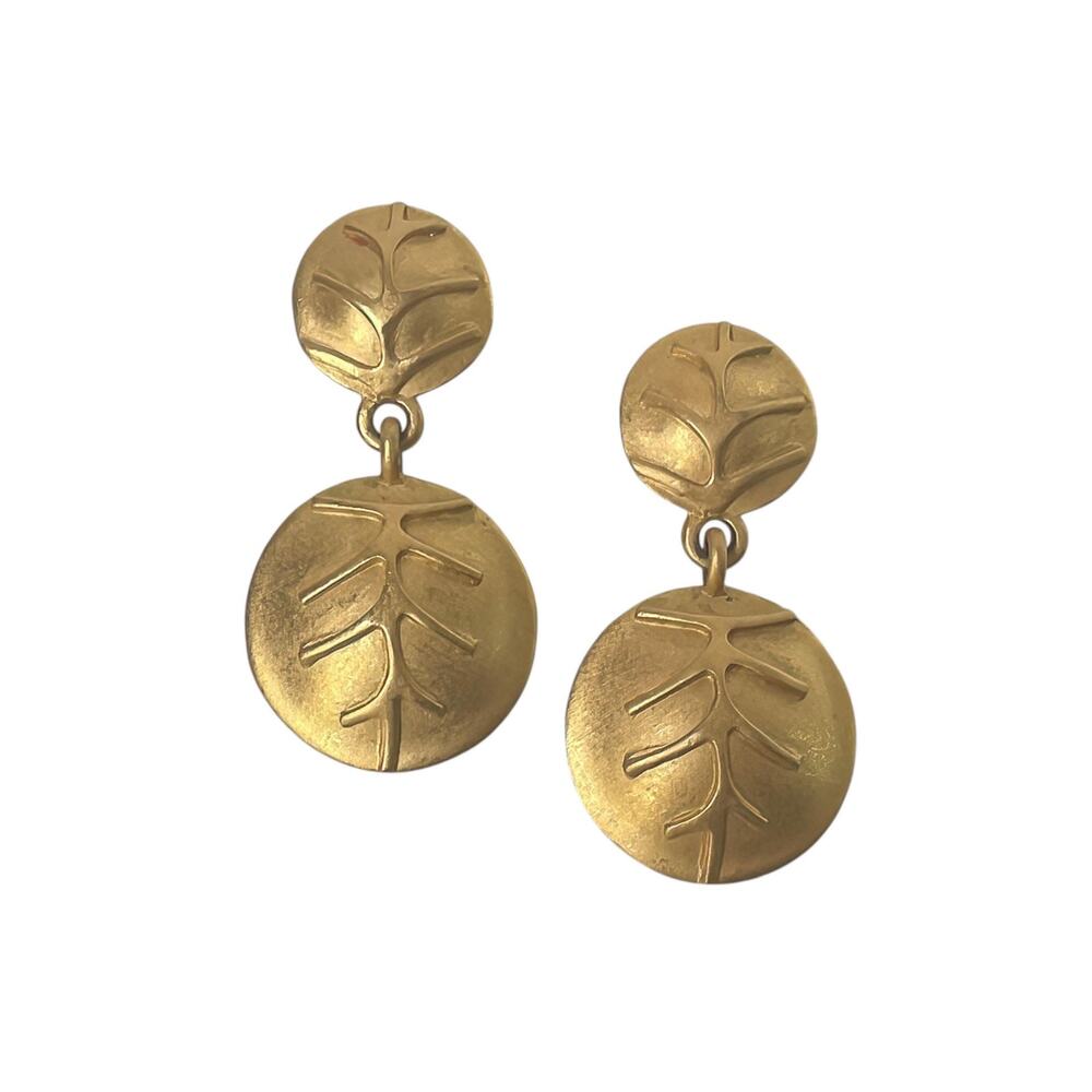 1980s Gold Plate Circular Discs Stylized Branch Design Pierced Dangle Earrings